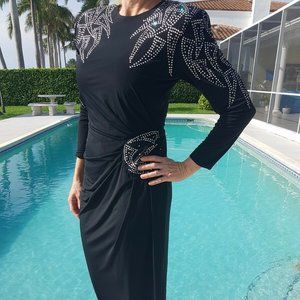 Rose Taft COUTURE vtg 80s Illusion Rhinestone floor length black gown prom dress